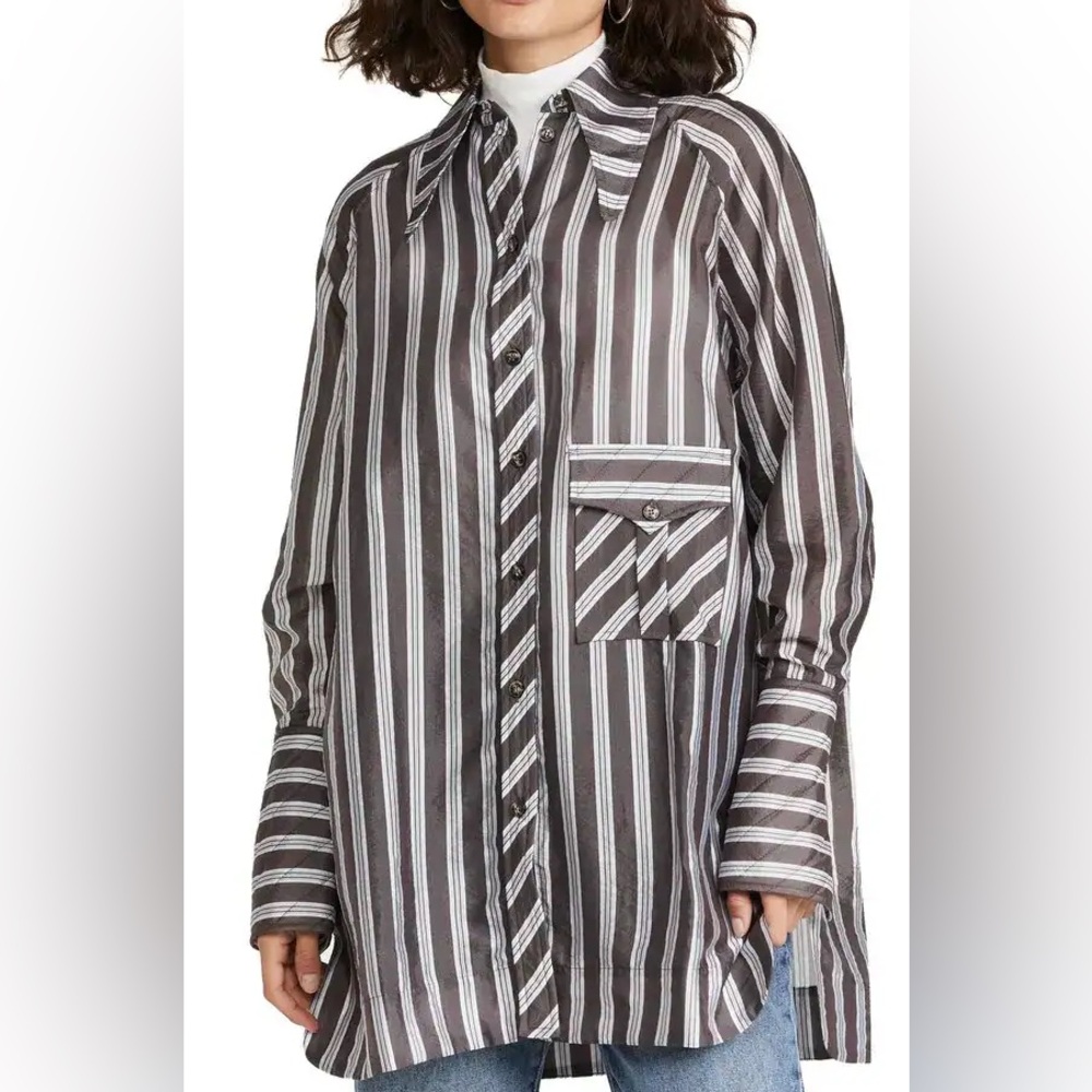 Ganni Brown & Blue Oversized Crepe Shirt
